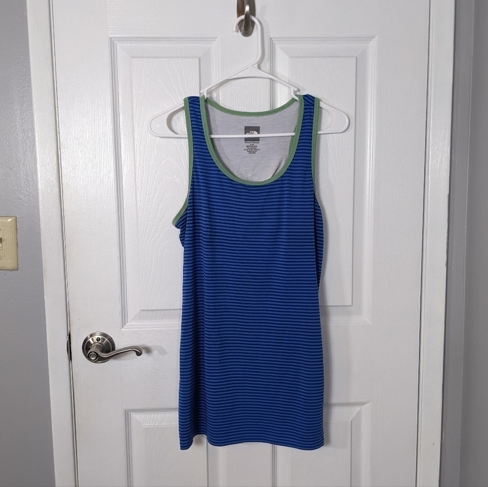 The North Face Blue Striped Active Stretch Racerback Tank Top Women Size L *Flaw